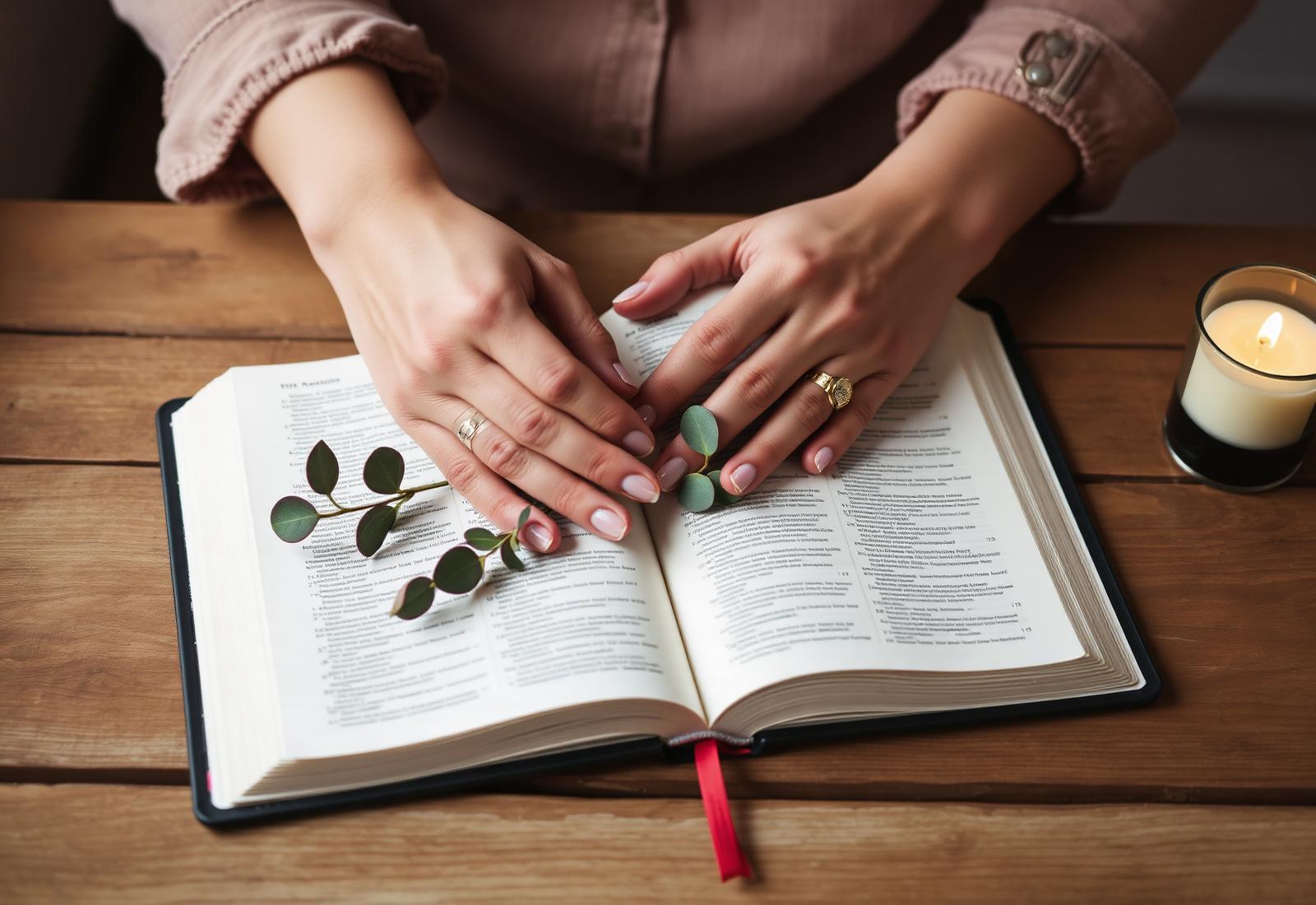 Hands resting on an open Bible with eucalyptus and candle
